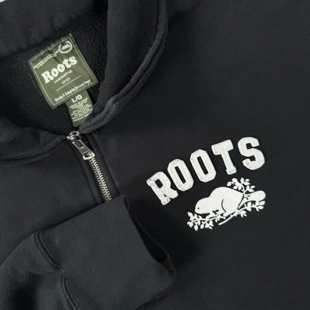 Roots Mens Quarter Zip Sweatshirt Mens‎ Large Black Embroidered Beaver Pullover